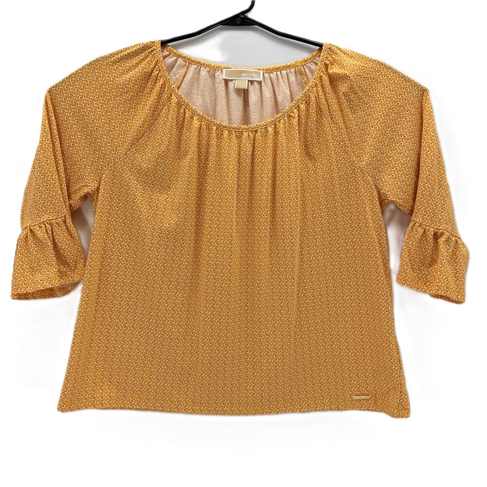 Michael Kors Women's XL Mustard White Black Floral Bell Sleeve Scoop Neck Top